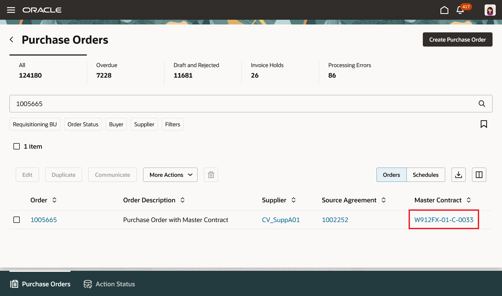 View Master Contract Details from the Redwood Purchase Orders Page