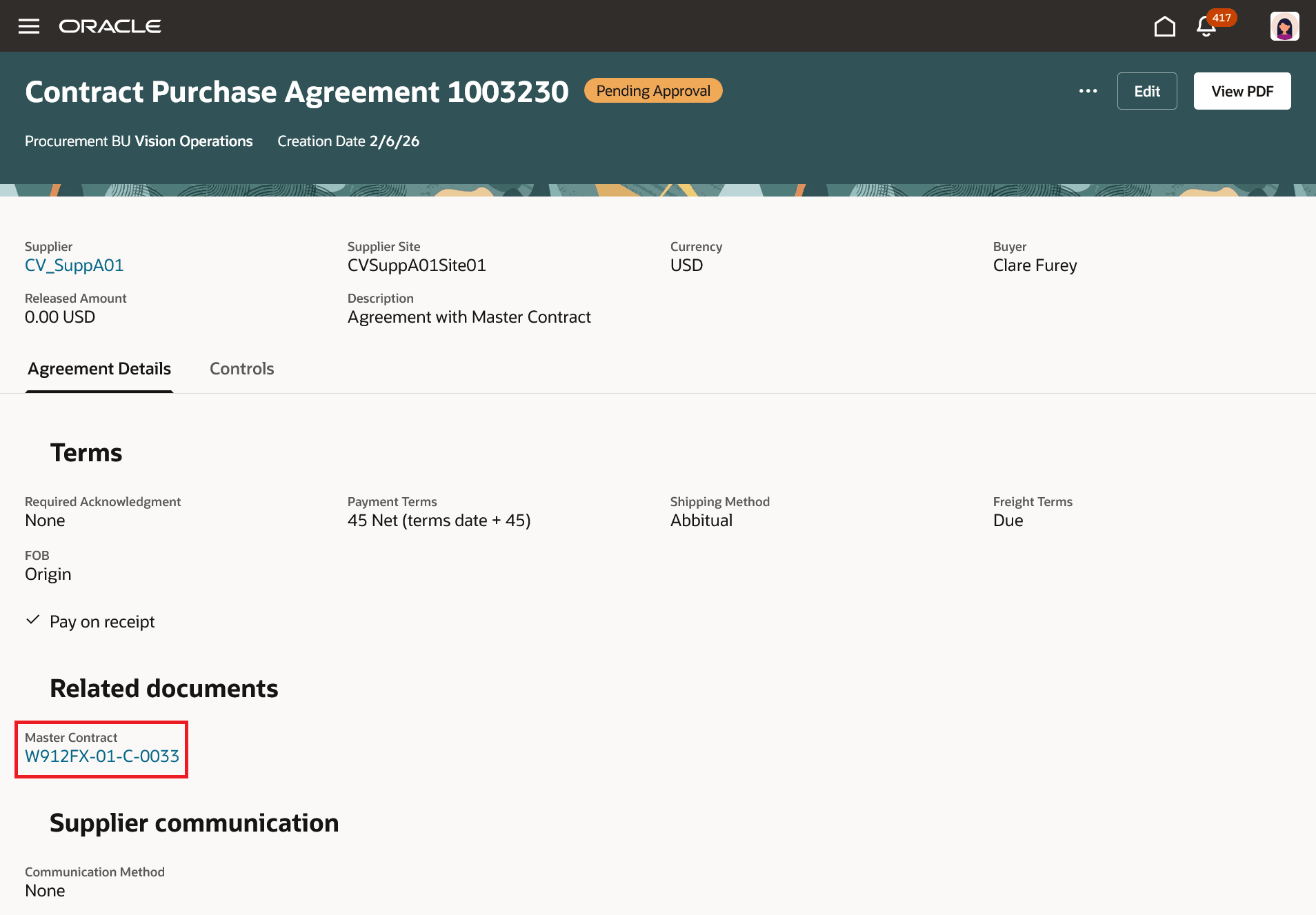 View Master Contract Details from Agreement Details