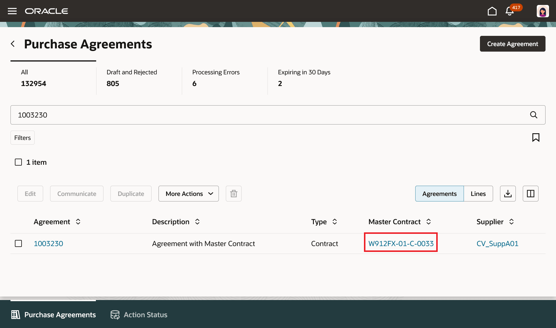 View Master Contract Details from the Redwood Purchase Agreements Page