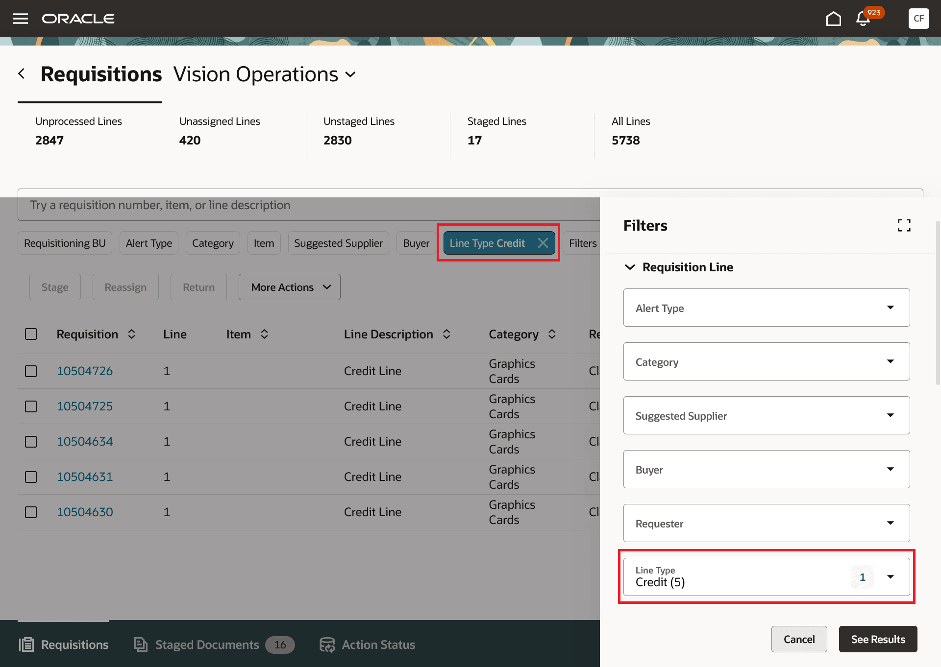 Line Type Filtered Search on the Process Requisitions Page