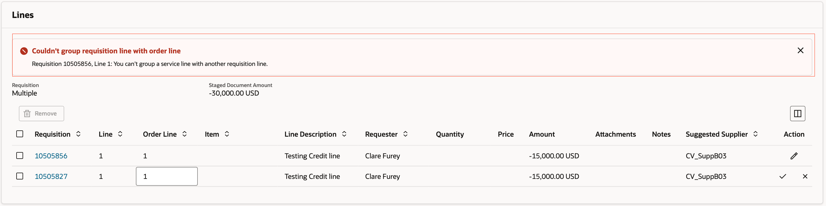 Group credit requisition lines manually