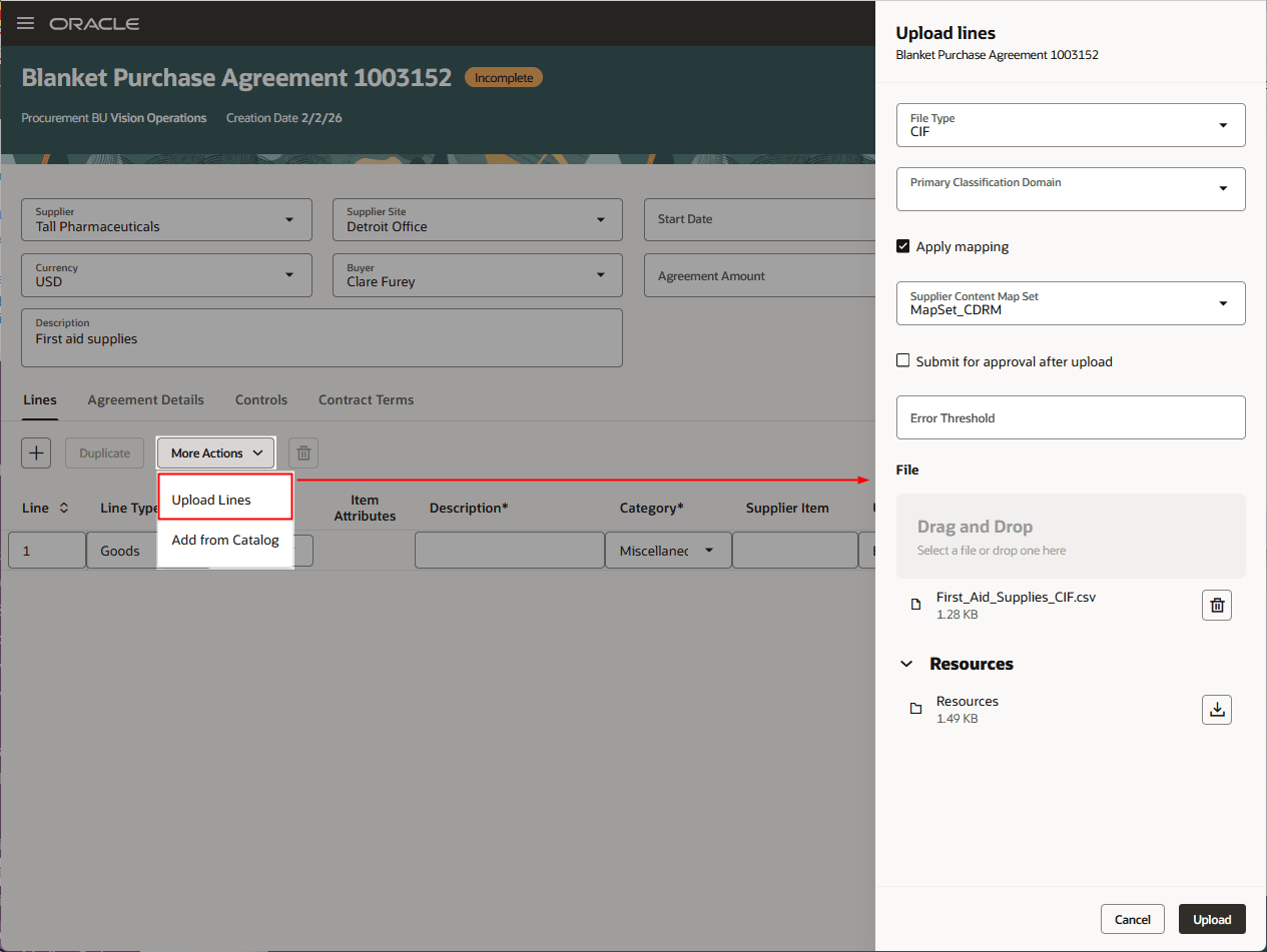 Upload Agreement Lines as Buyer