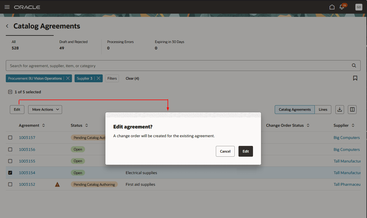 Create Agreement Change Order by Catalog Administrator