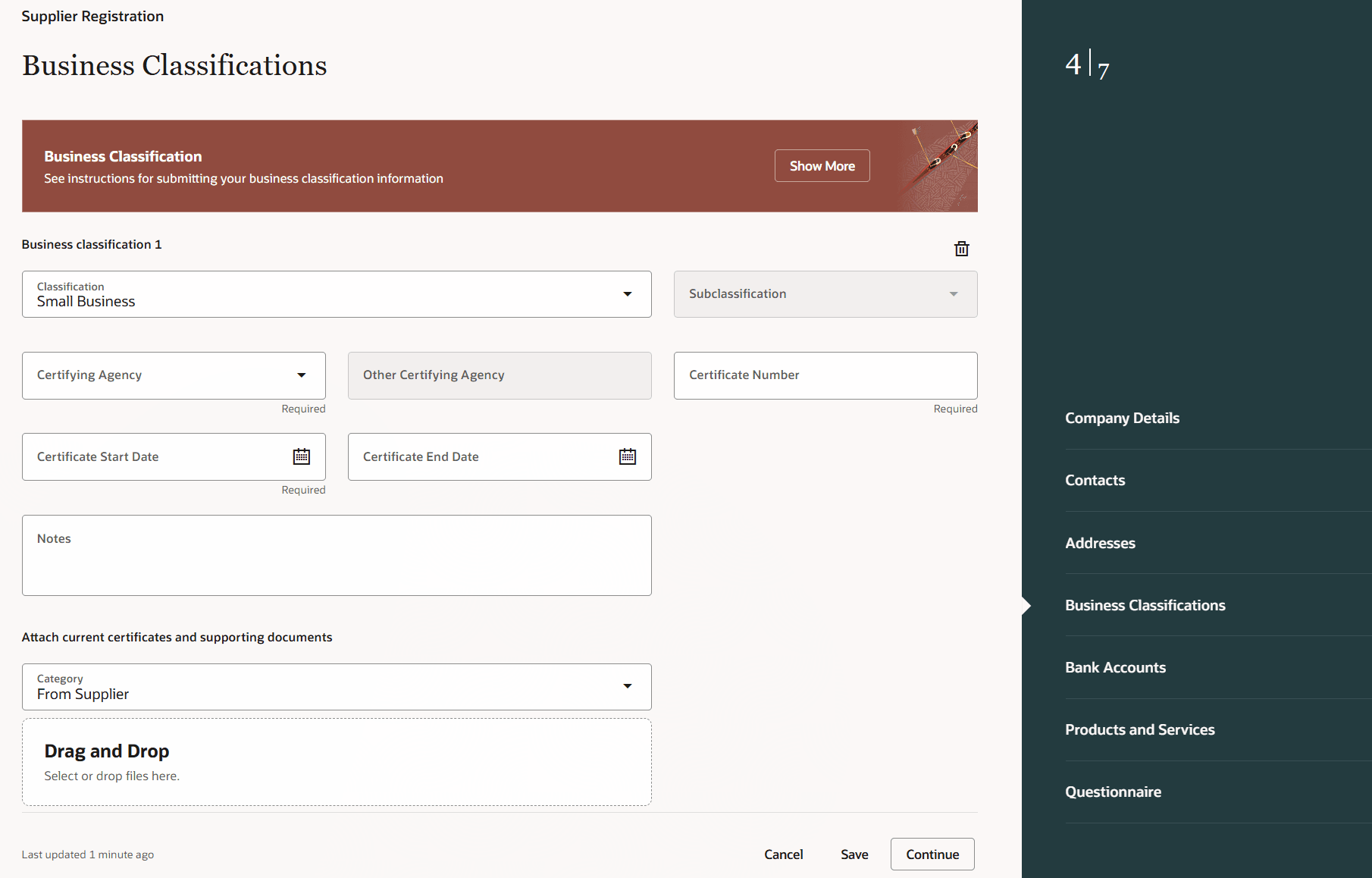 Supplier Registration Business Classification