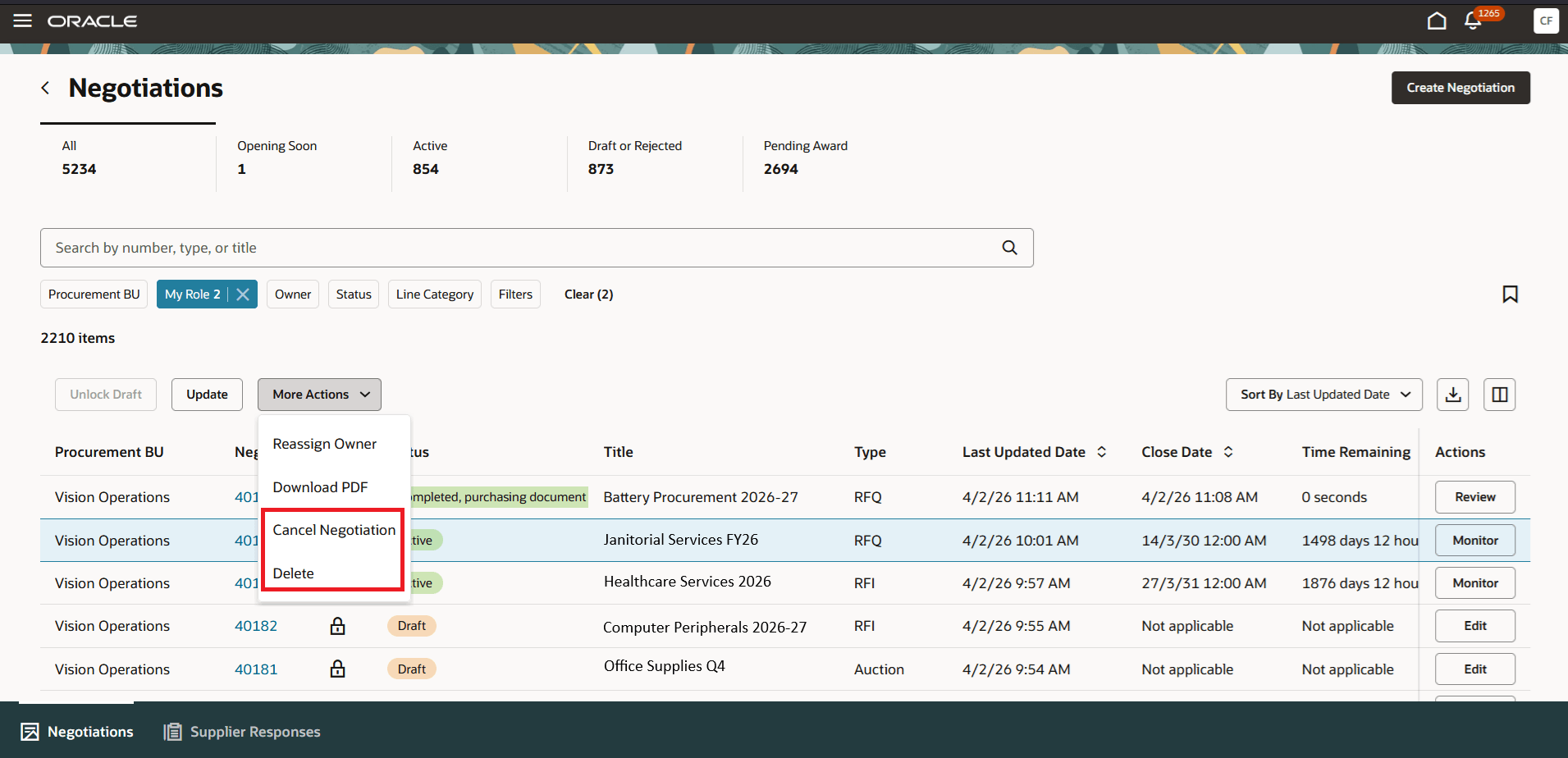 Delete Negotiations from Search Page