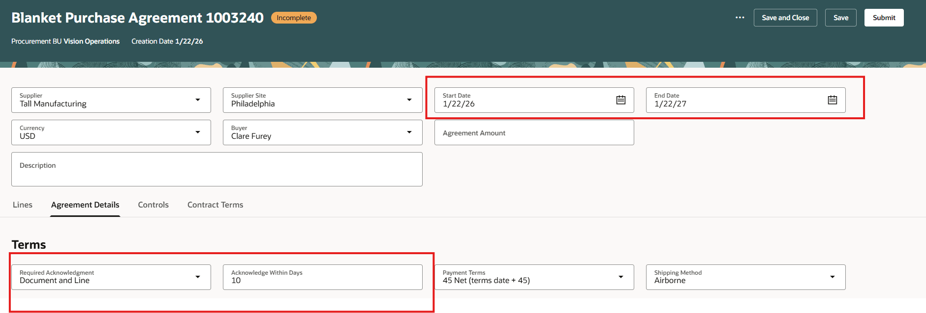 Agreement Attributes Defaulted Using Visual Builder Studio