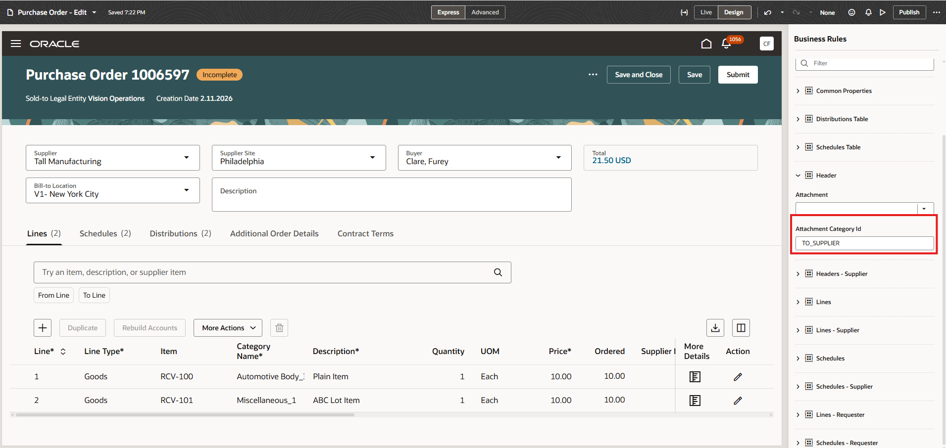 Attachment Category Set to "TO_SUPPLIER" at Header Level