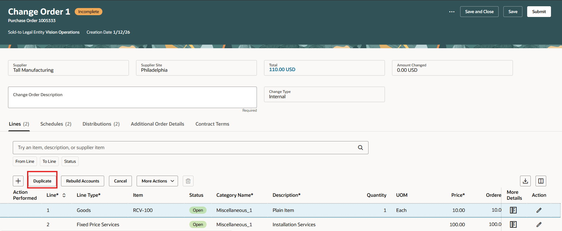 Duplicate Action on a Change Order Line