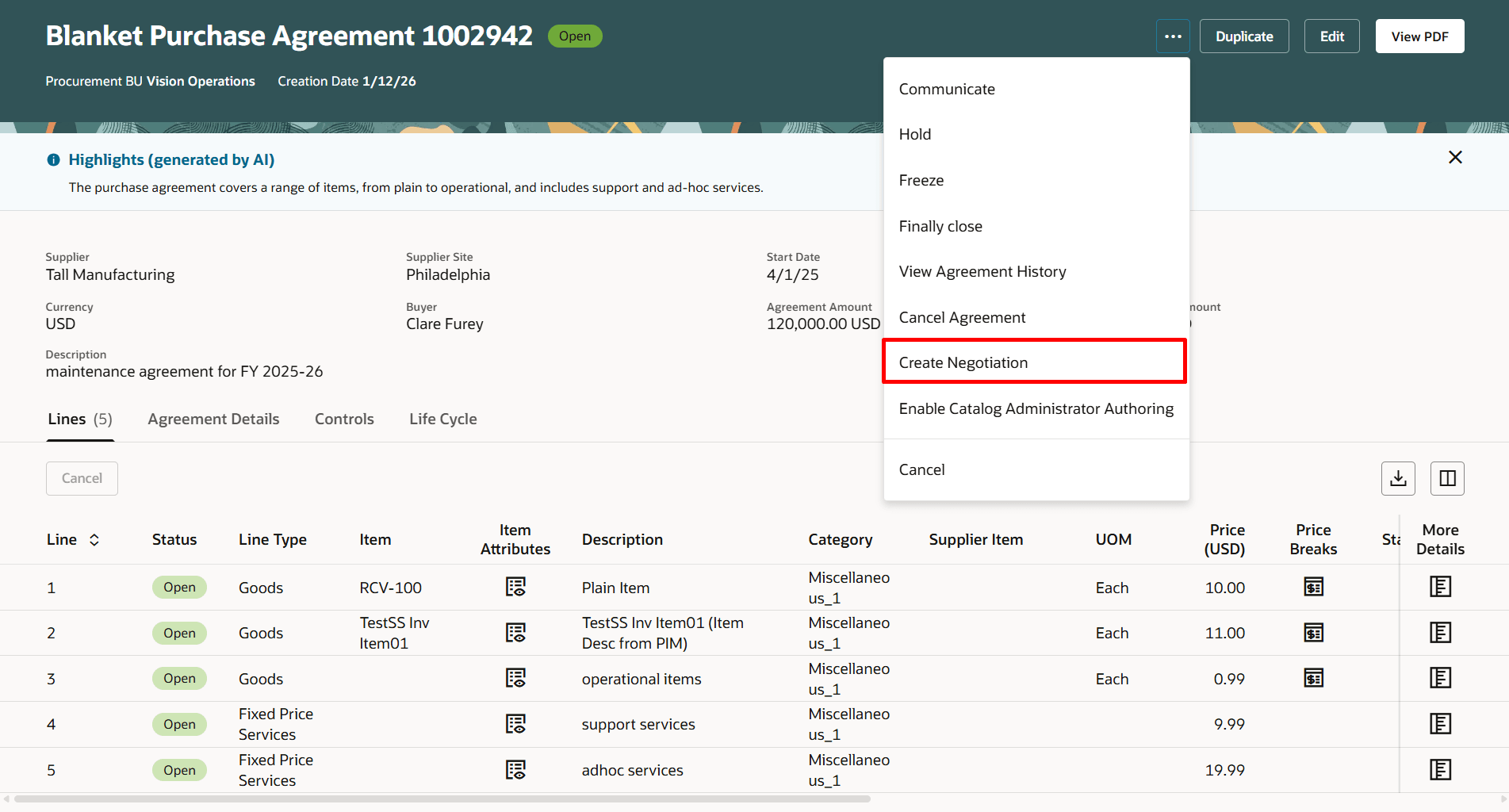 Create Negotiation Action When Viewing A Purchase Agreement 