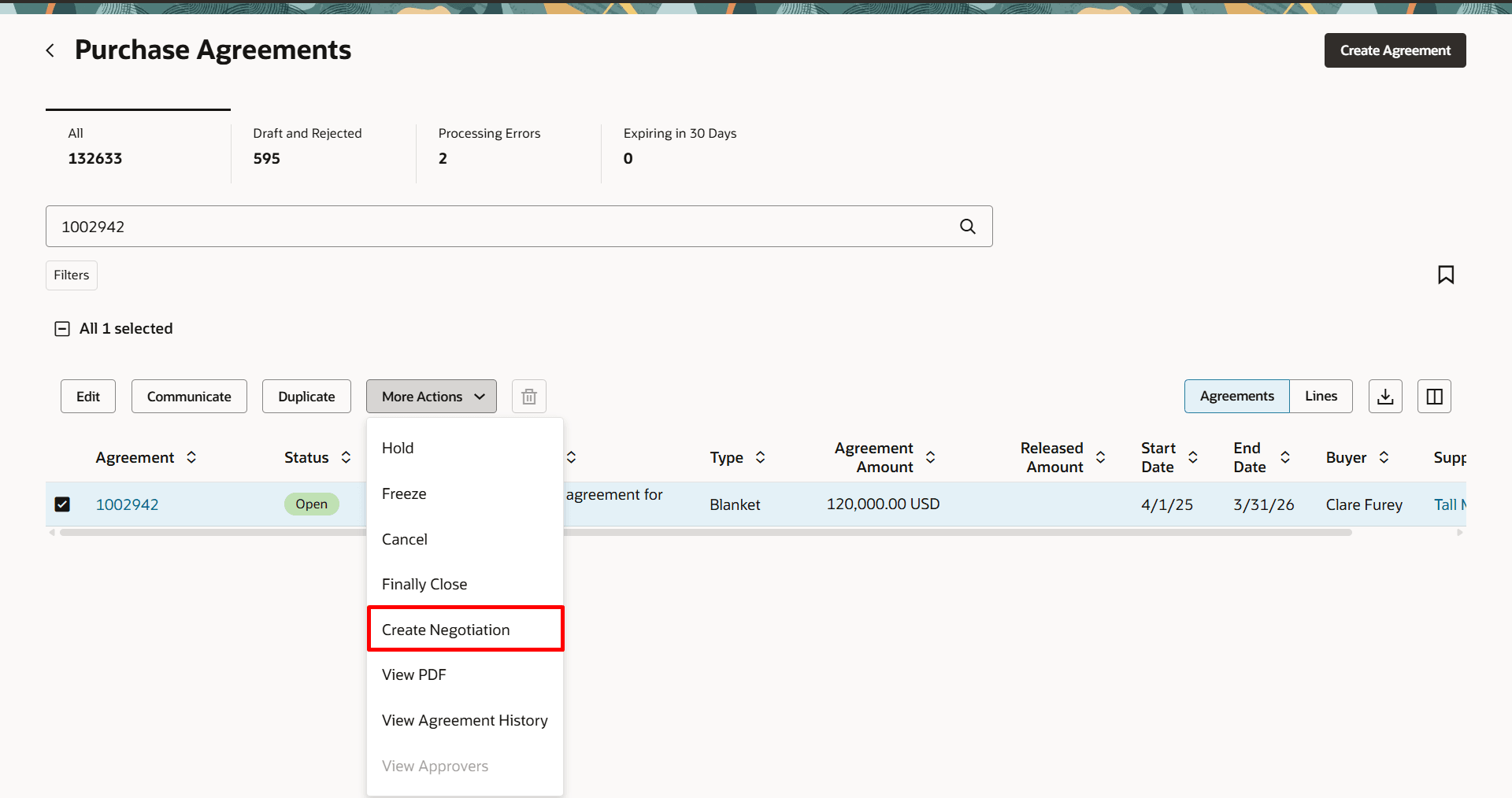 Create Negotiation Action on the Purchase Agreement Workbench