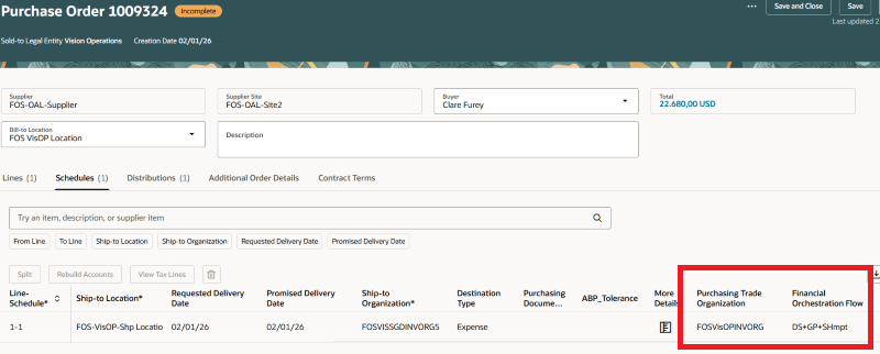 Purchasing Trade Organization and Financial Orchestration Flow Attributes on Purchase Order Schedule