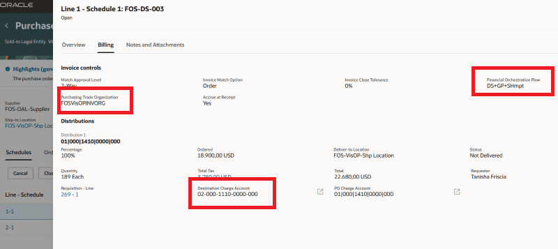 Financial Orchestration Attributes on View Purchase Order