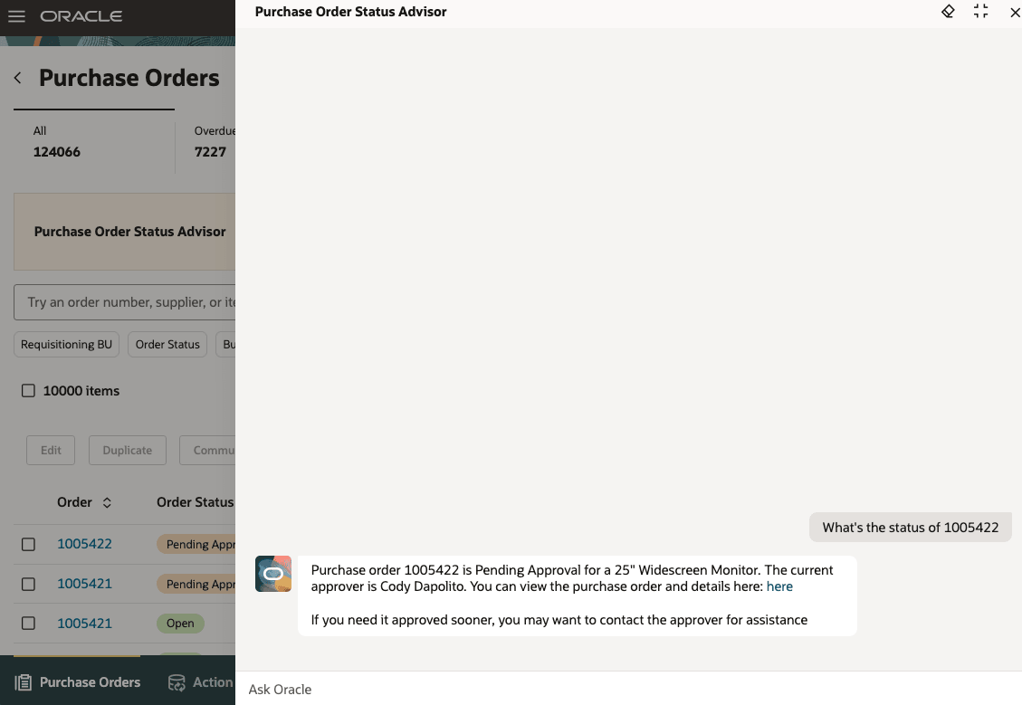 Status Advisor on Purchase Orders Page