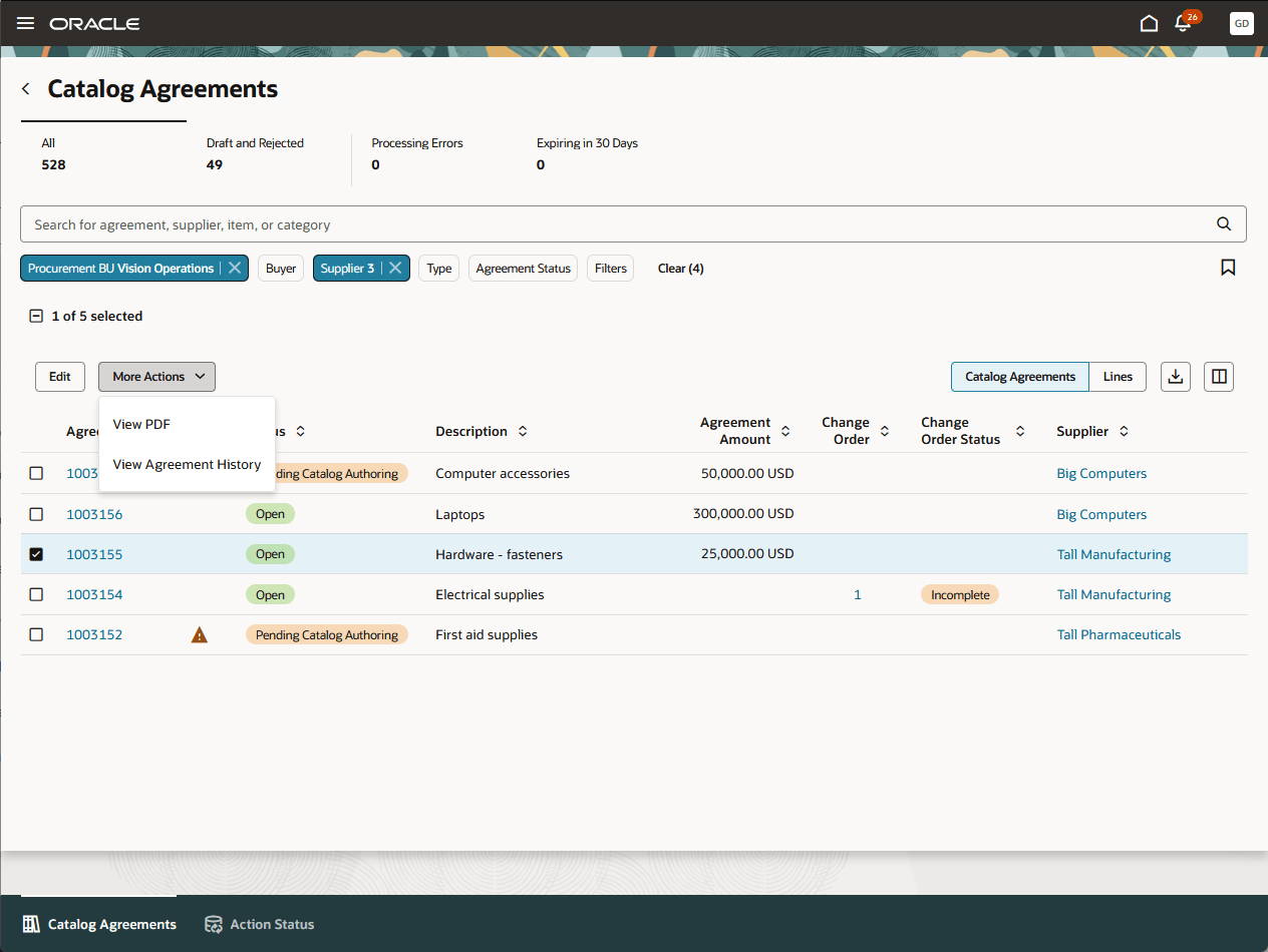 Catalog Agreements Page
