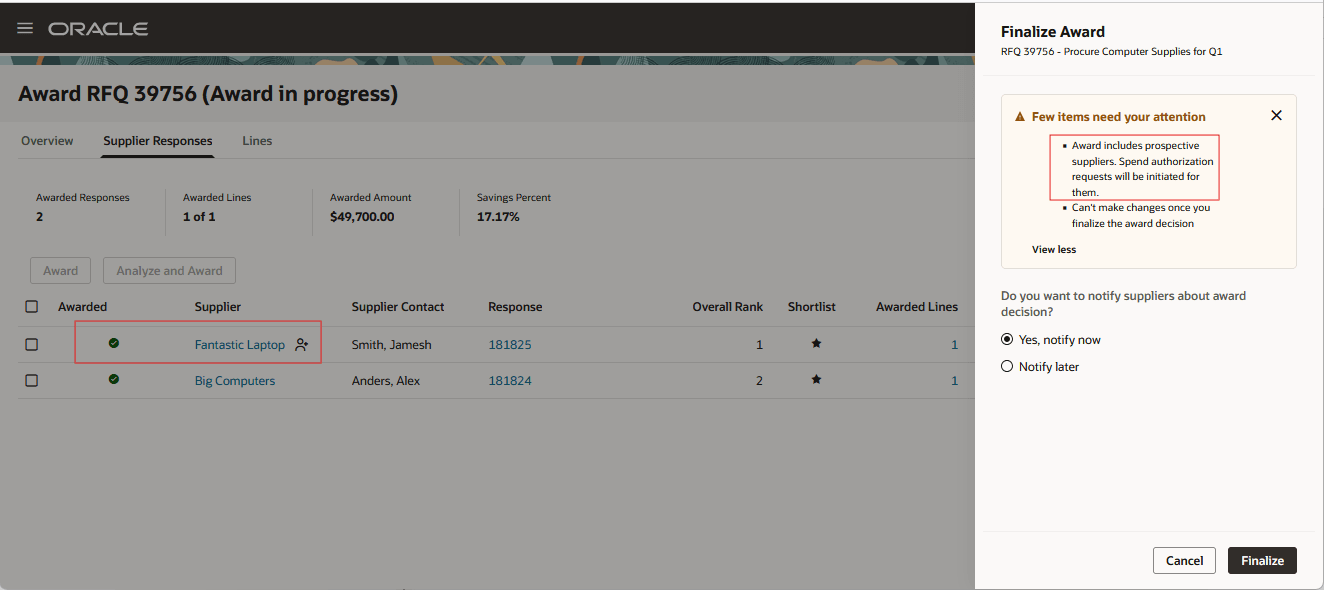 Award a prospective supplier