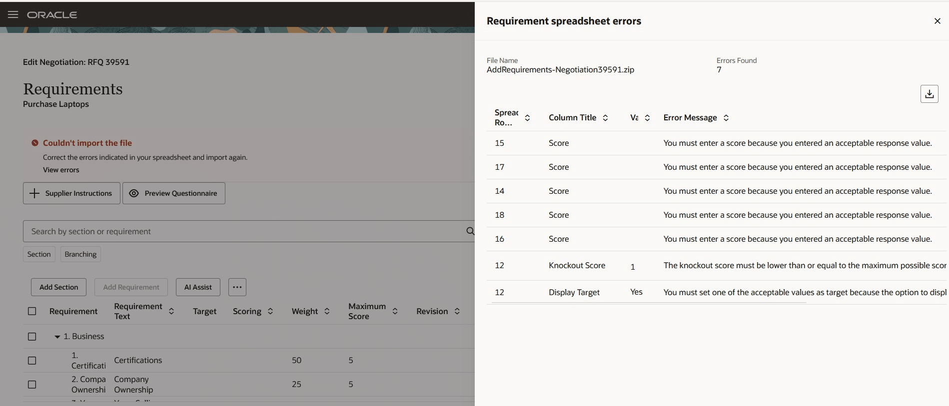 Requirement spreadsheet errors