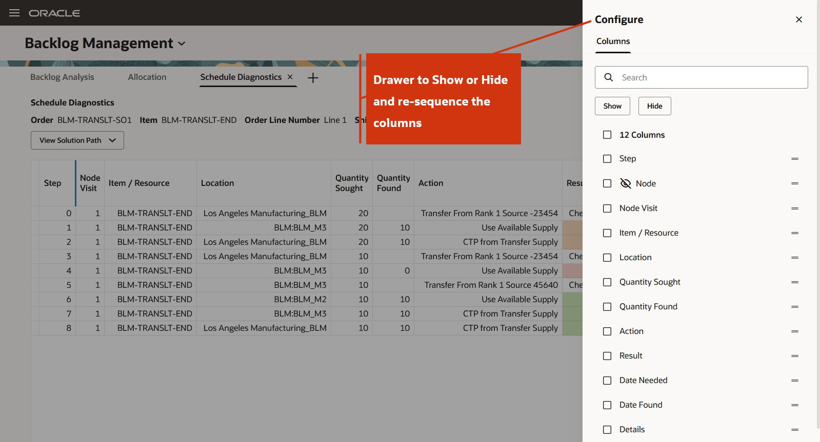 Configure Drawer to Show, Hide, and Reorder Columns