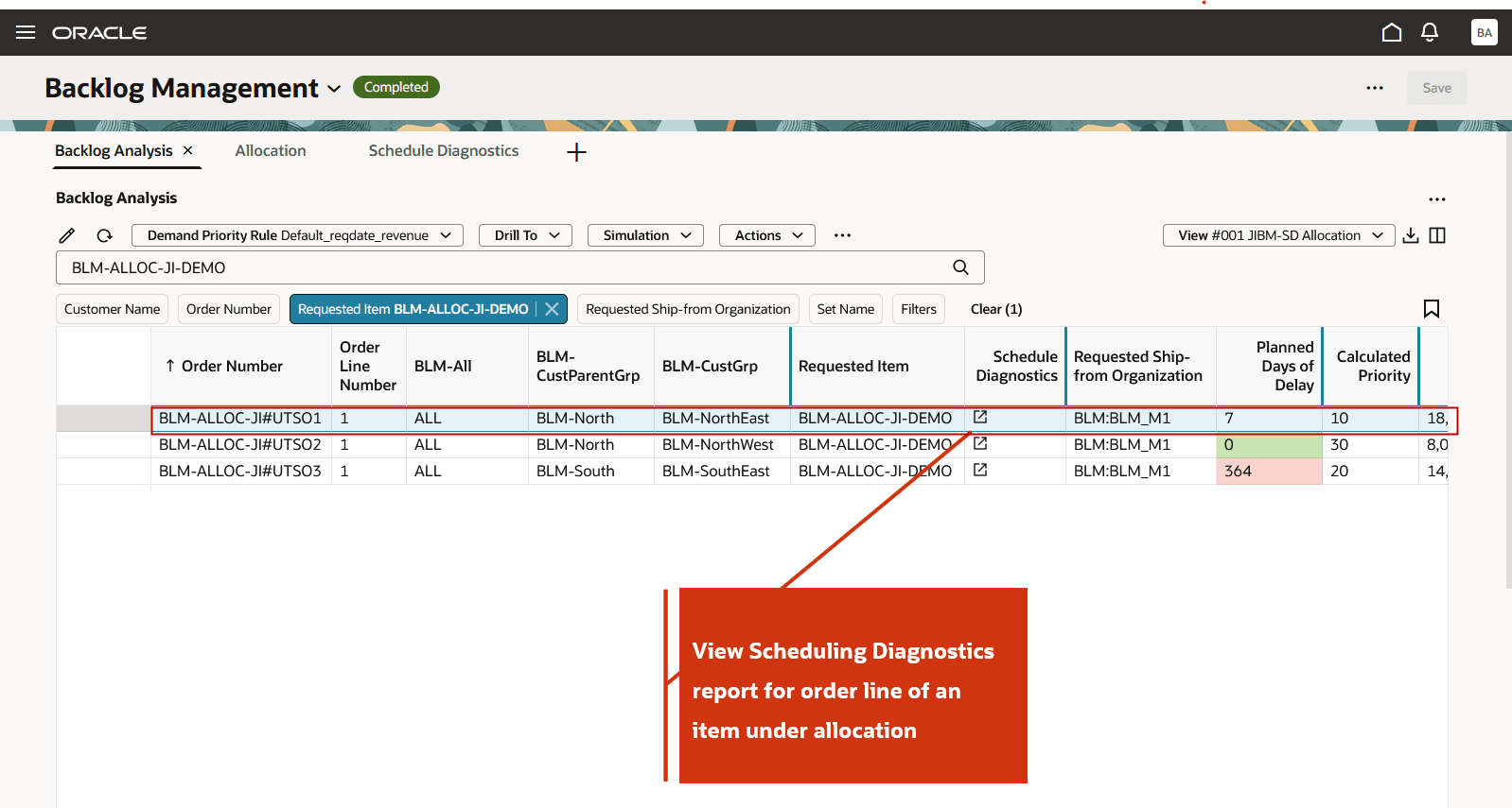 View Scheduling Diagnostics Report for an Order Line of an Item under Allocation
