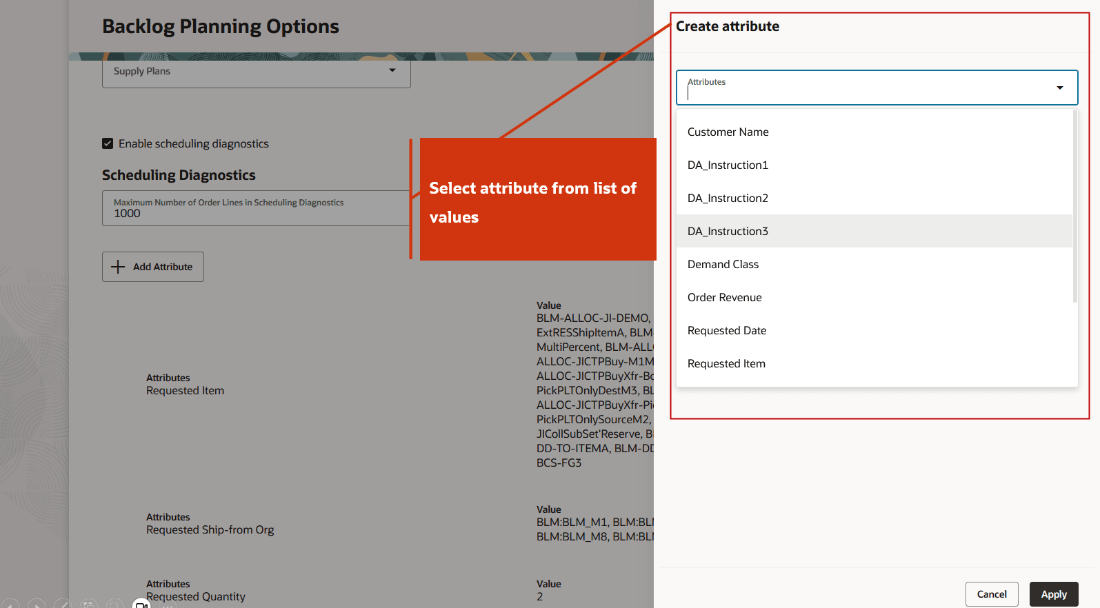 List of Attributes Available for Specifying the Criteria for Generating Scheduling Diagnostic Report