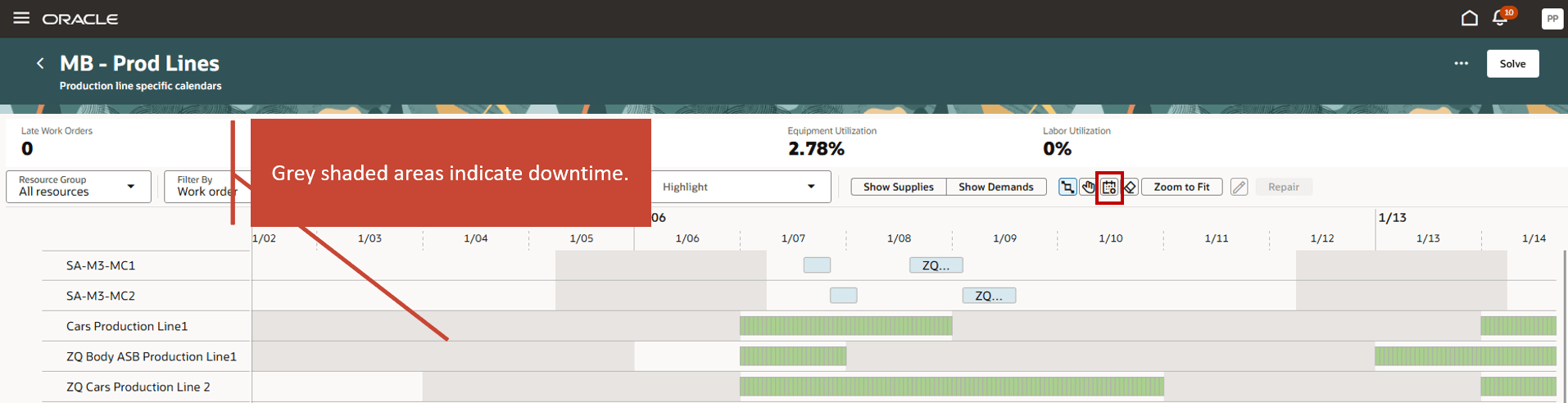 Displaying Production Line Specific Calendars in the Gantt Chart