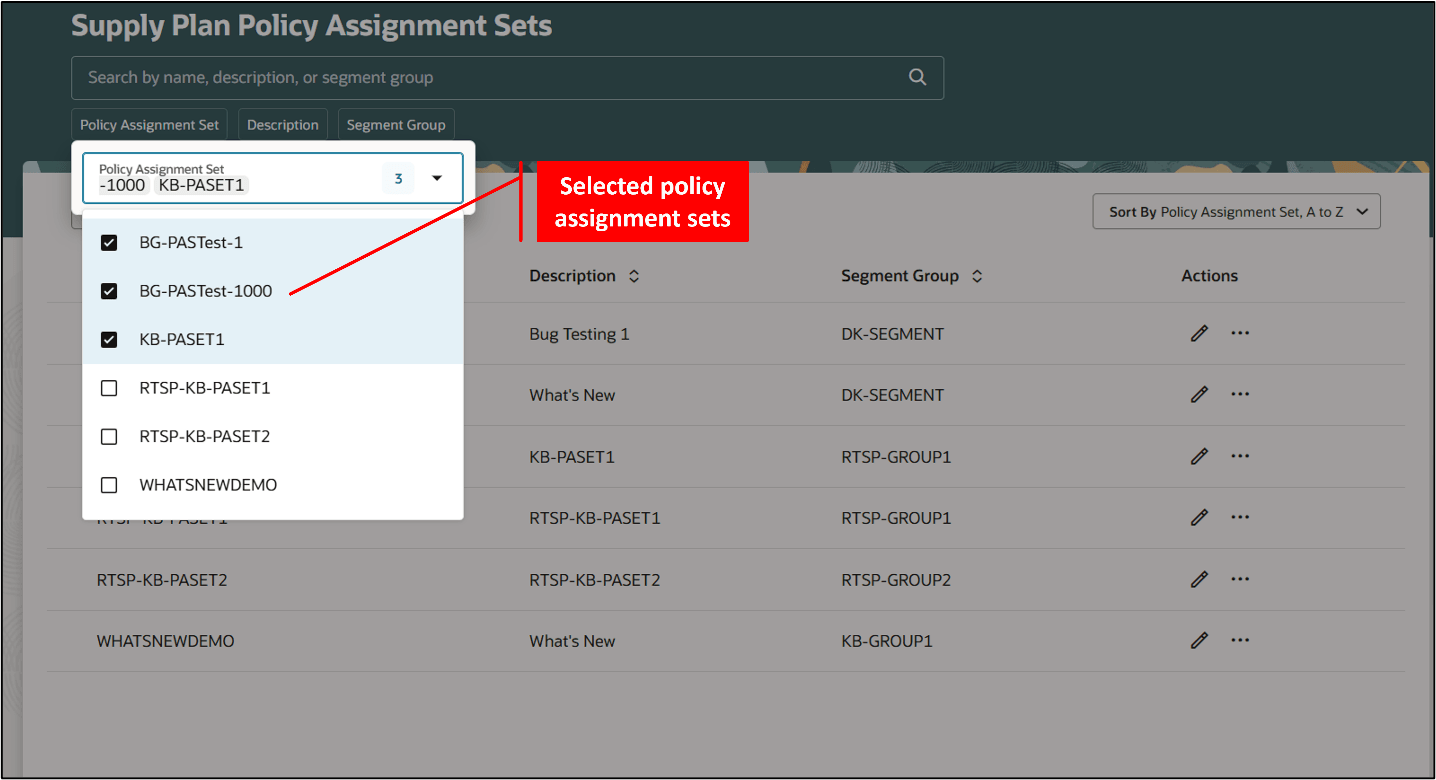 Selecting Policy Assignment Sets from the Filter Button