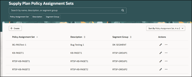 Supply Plan Policy Assignment Sets Page