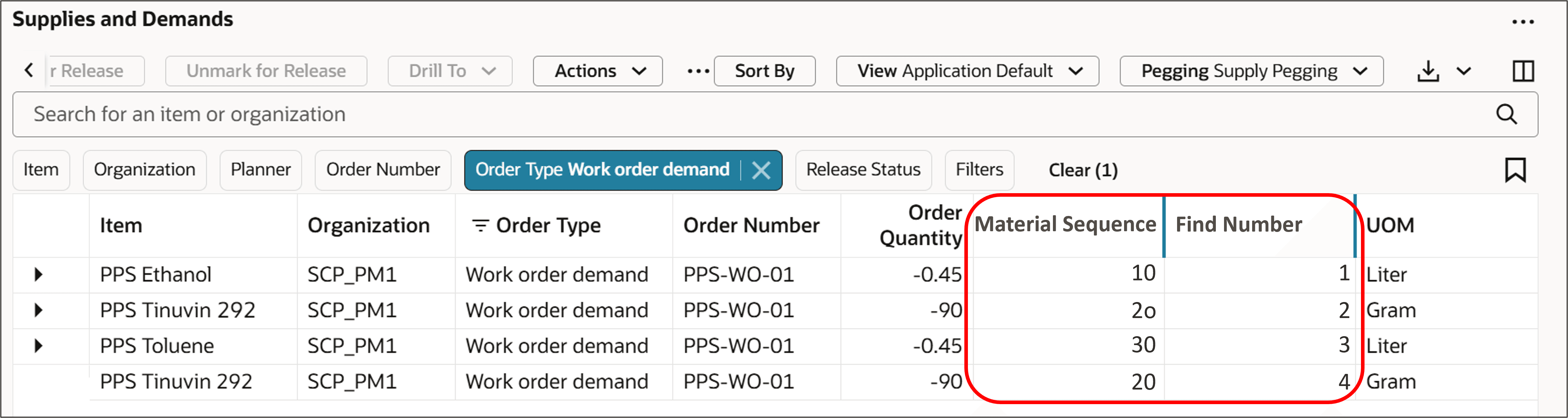 Material Sequence and Find Number Columns on Supplies and Demands Page