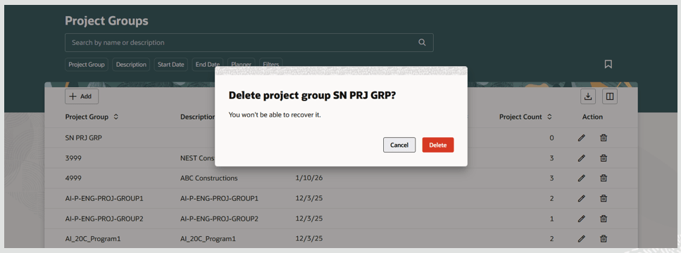 Confirmation to Delete Project Group