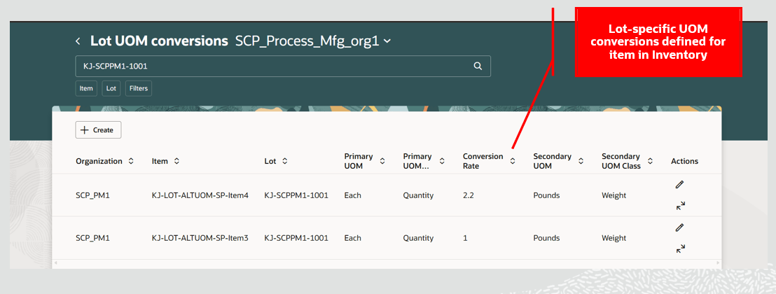 Lot-Specific UOM Conversion Defined for Item and On-Hand Lot in Inventory