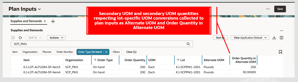 Alternate UOM Details Displayed for On-Hand Lot with Lot-Specific UOM Conversion in Plan Inputs