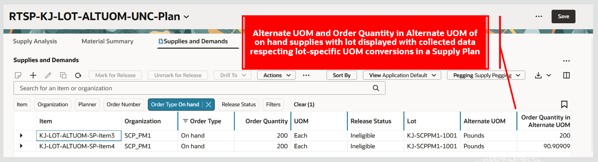 Alternate UOM Details Displayed for On-Hand Lot with Lot-Specific UOM Conversion in Plan Output