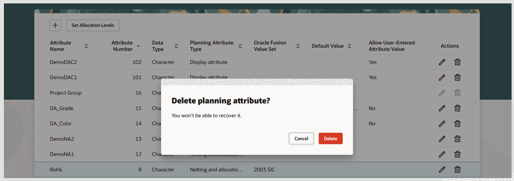 Delete Planning Attribute