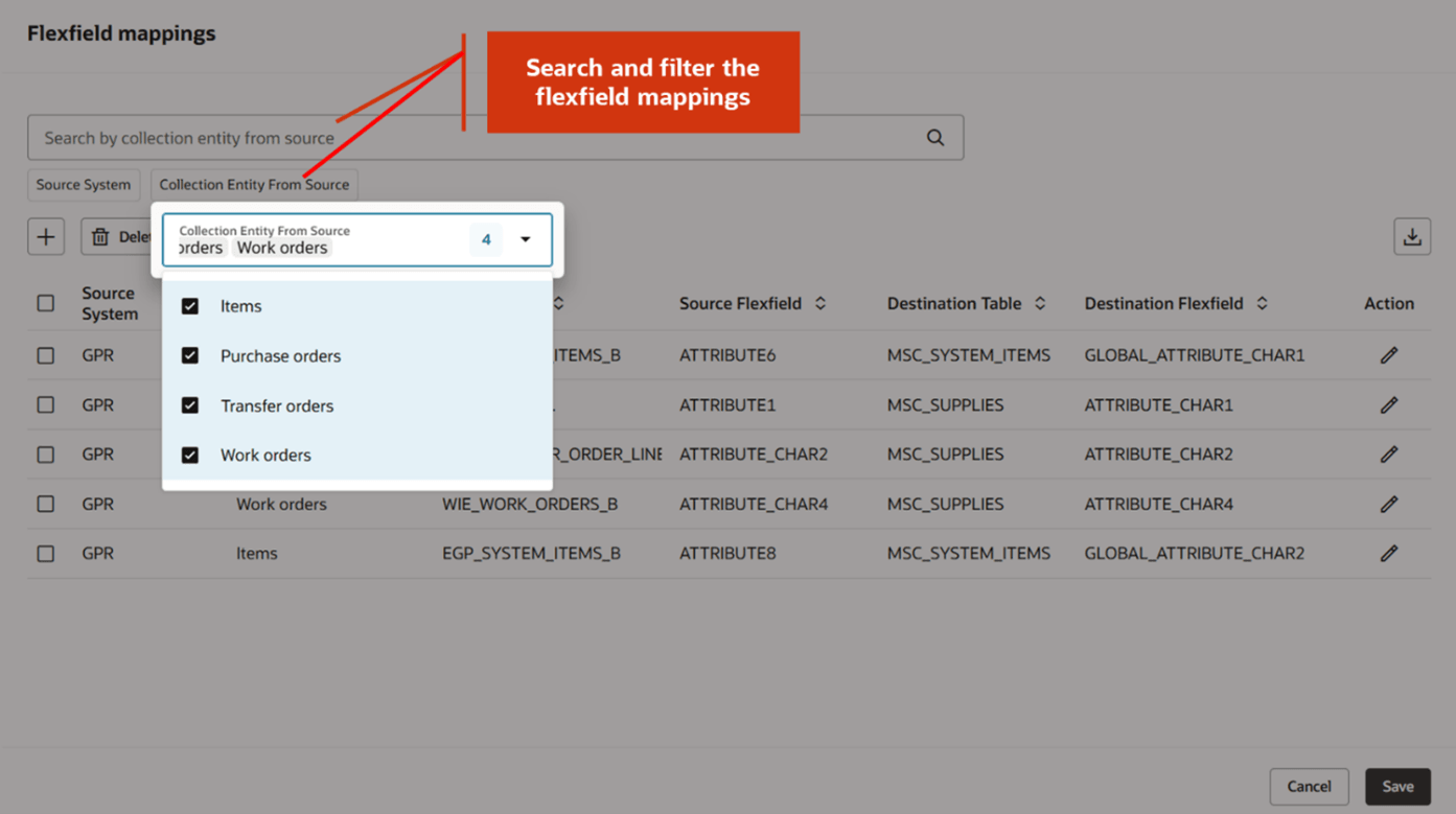 Caption: Searching and Filtering Flexfield Mappings