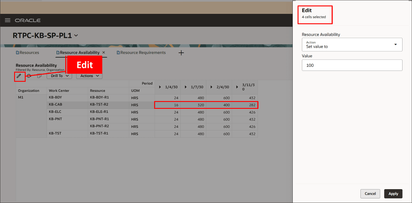 Editing Resource Availability