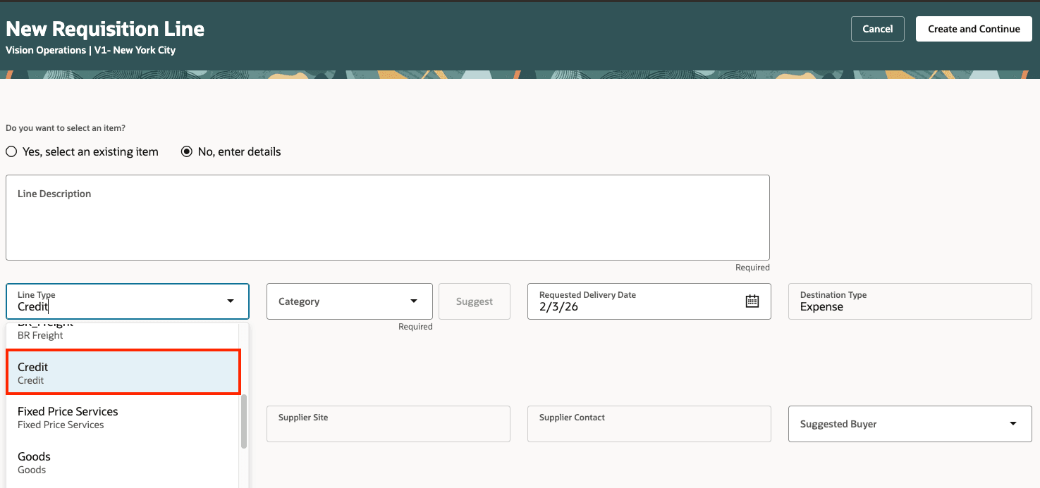 Enter Requisition Line Page with Credit Line