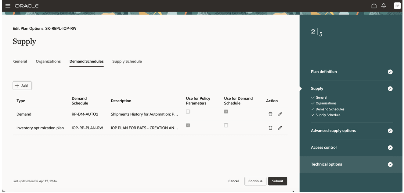 Replenishment Planning Plan Options Page