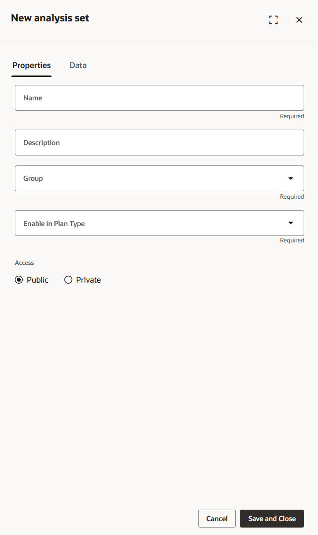 Properties Tab of New Analysis Set Drawer