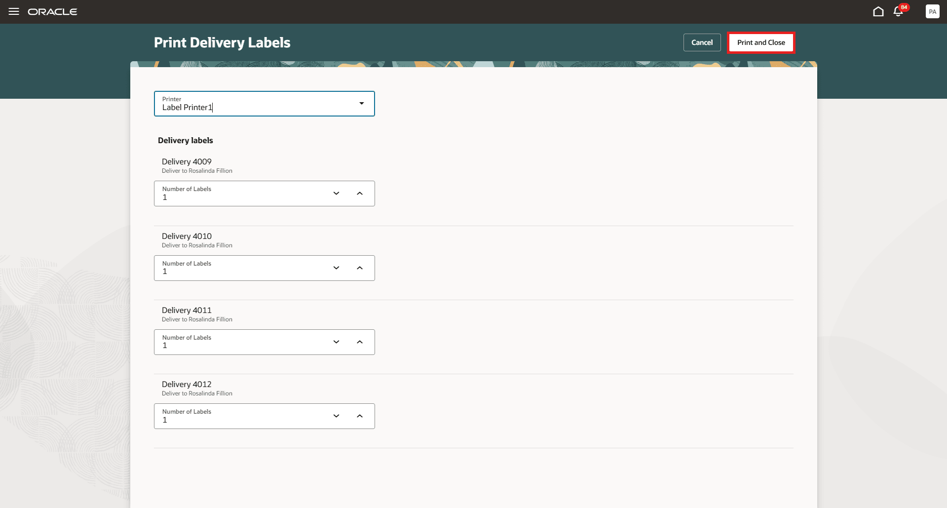 Print Delivery Labels - Select printer and click on Print and Close