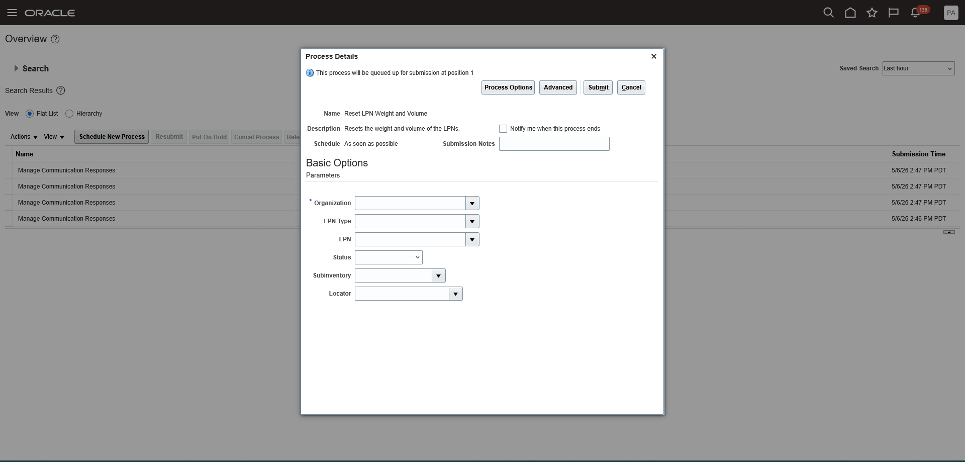 Reset LPN Weight and Volume Scheduled Process