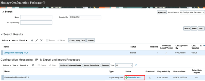Manage Configuration Packages – Export Status