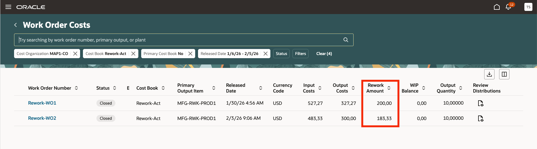 Rework costs shown separately in the work order costs summary