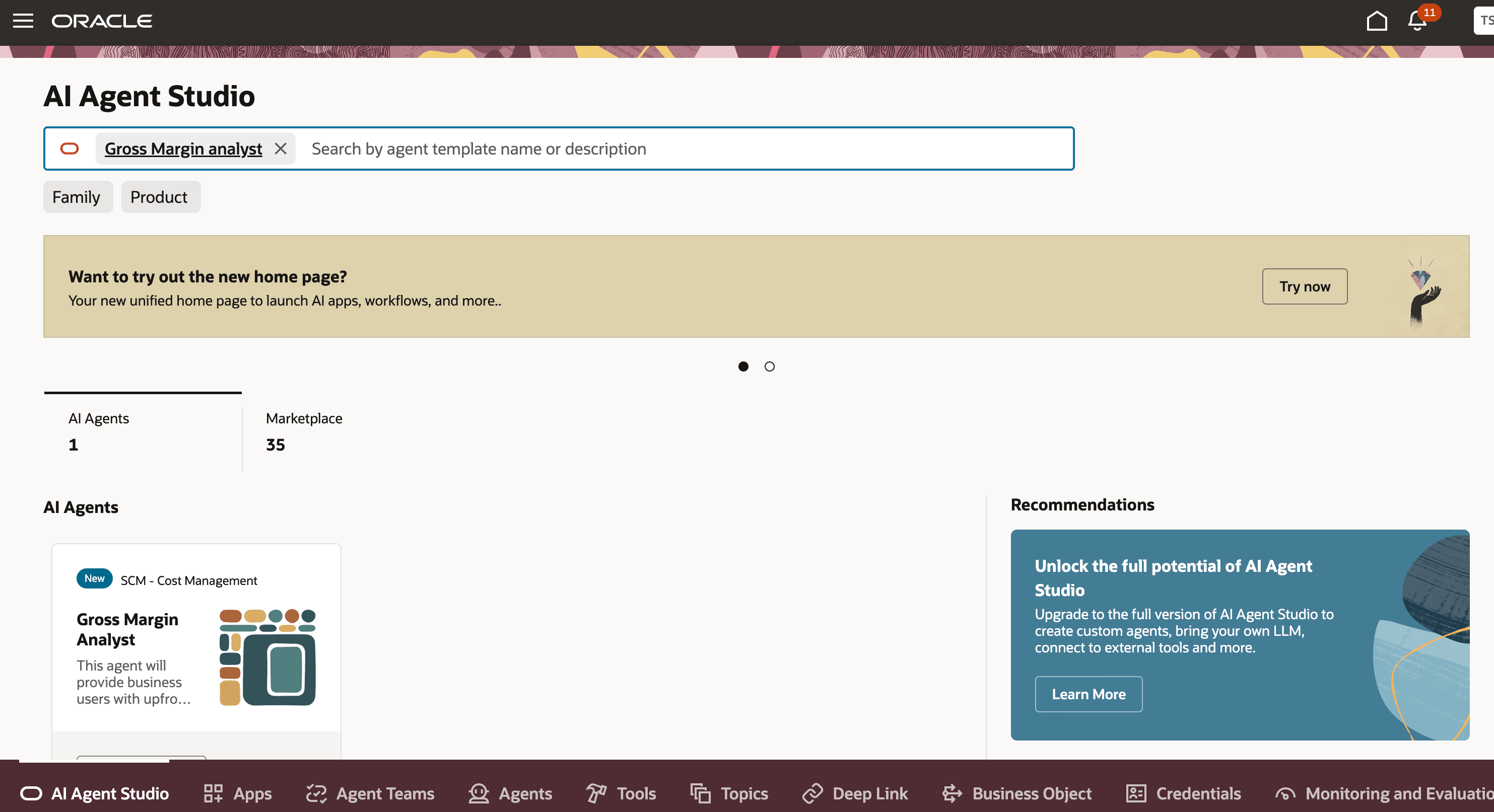 Gross Margin Analyst Agent Card in AI Agent Studio