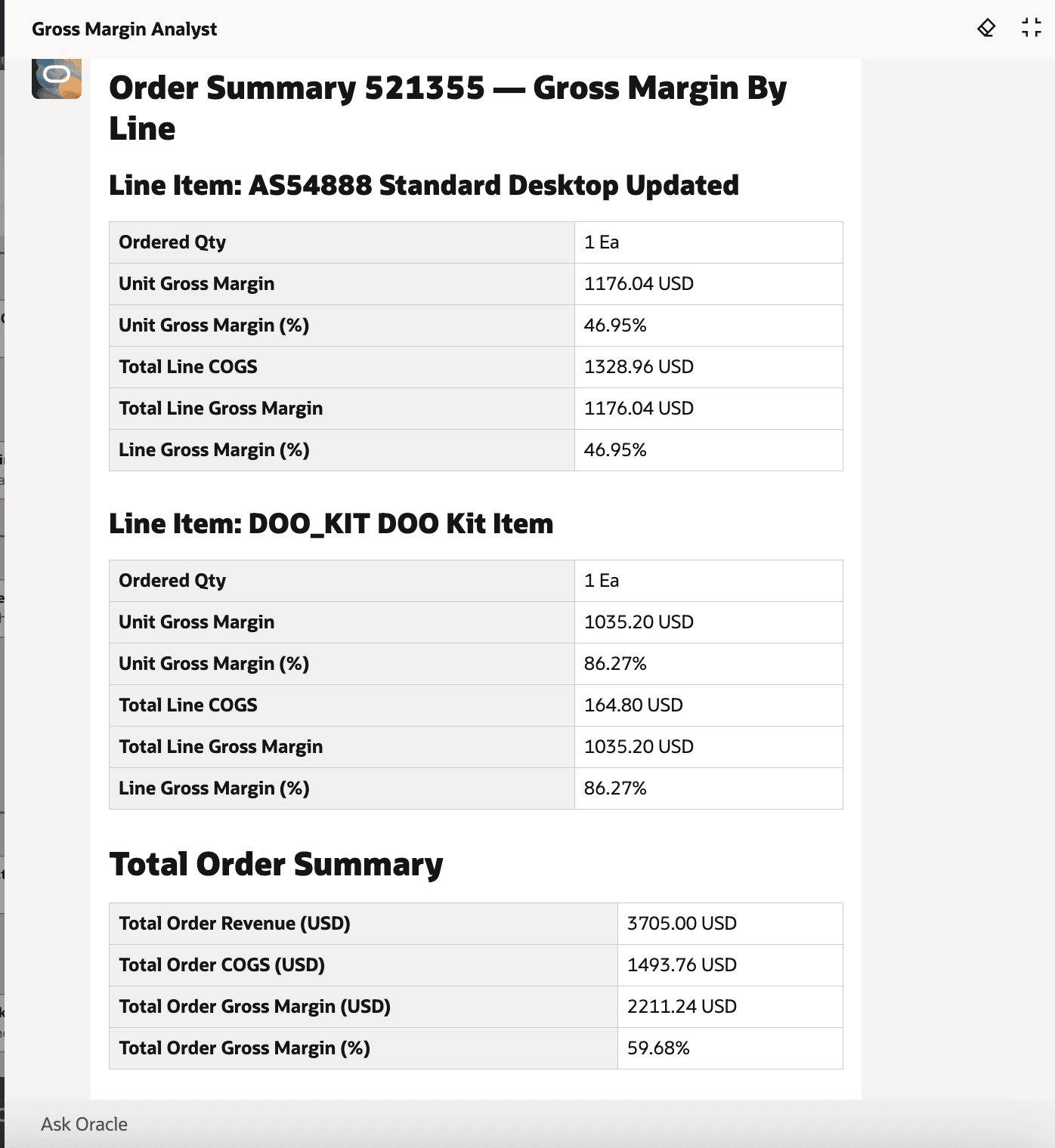 Gross Margin Output for a Multi-Item Sales Order