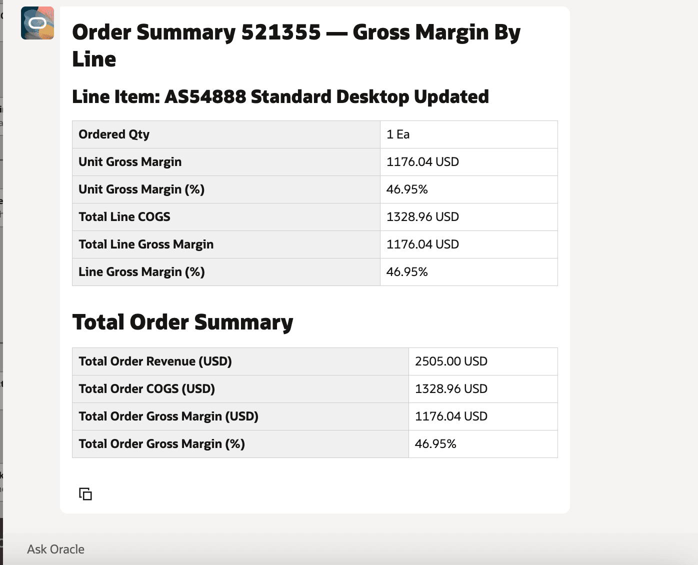Gross Margin Output for a Specific Plain Item in a Multi-Item Order