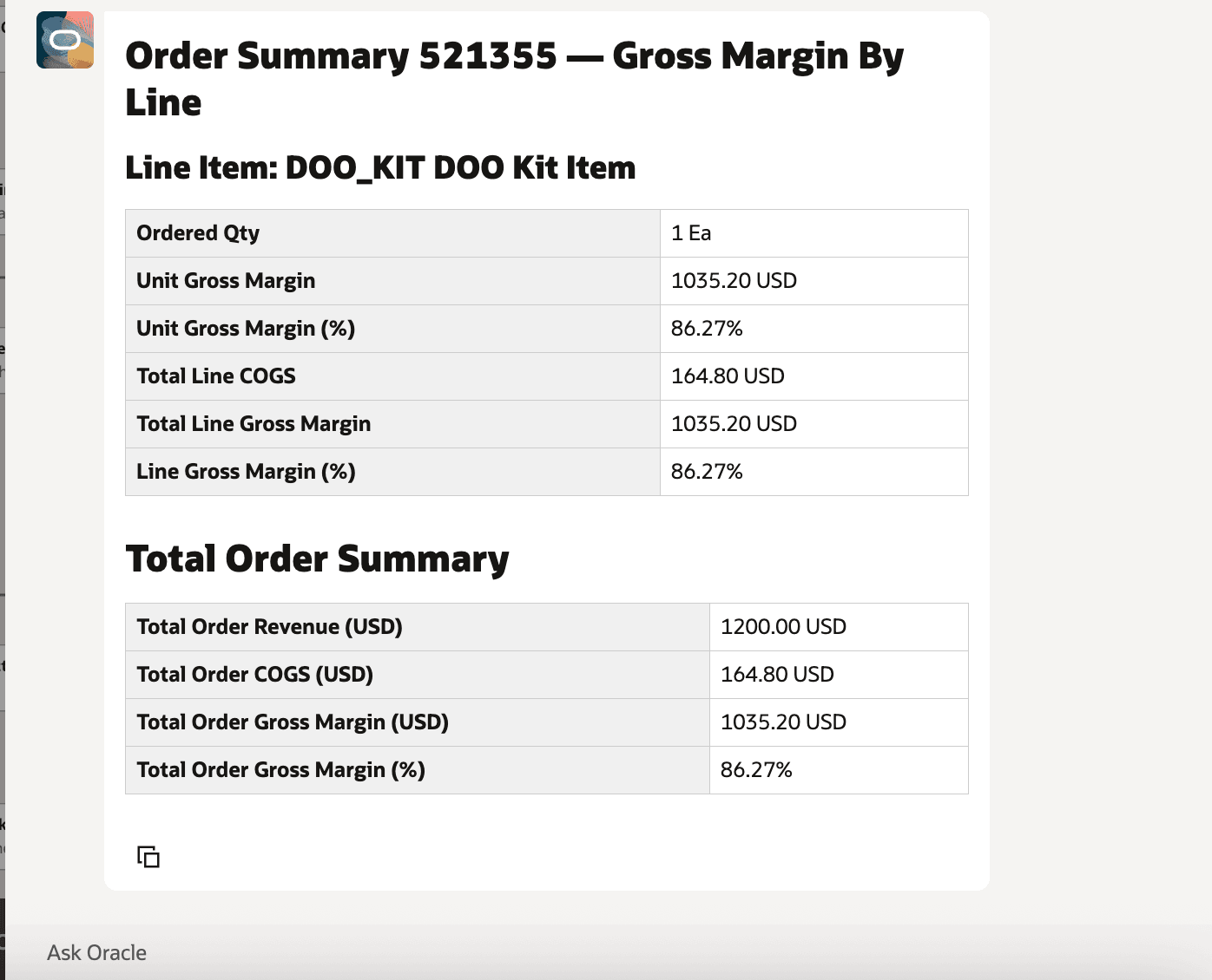 Gross Margin Output for a Specific Configured Item in a Multi-Item Order