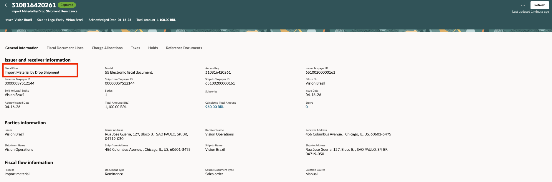 Fiscal document for import drop shipment