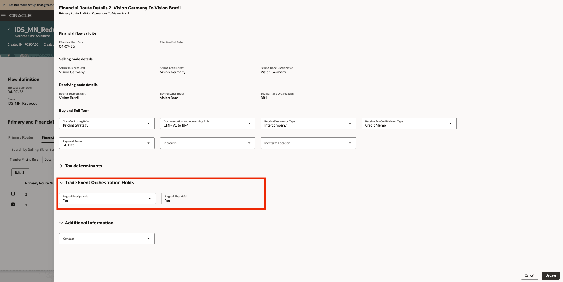Configure hold for logical shipment and logical receipt