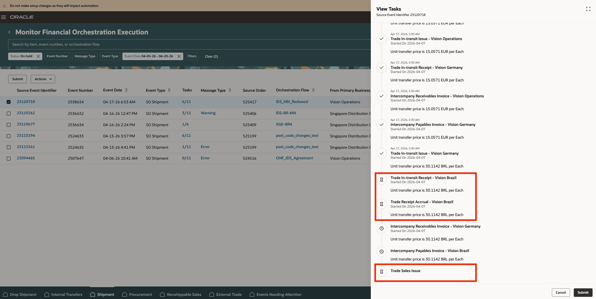 Monitor held financial orchestration tasks