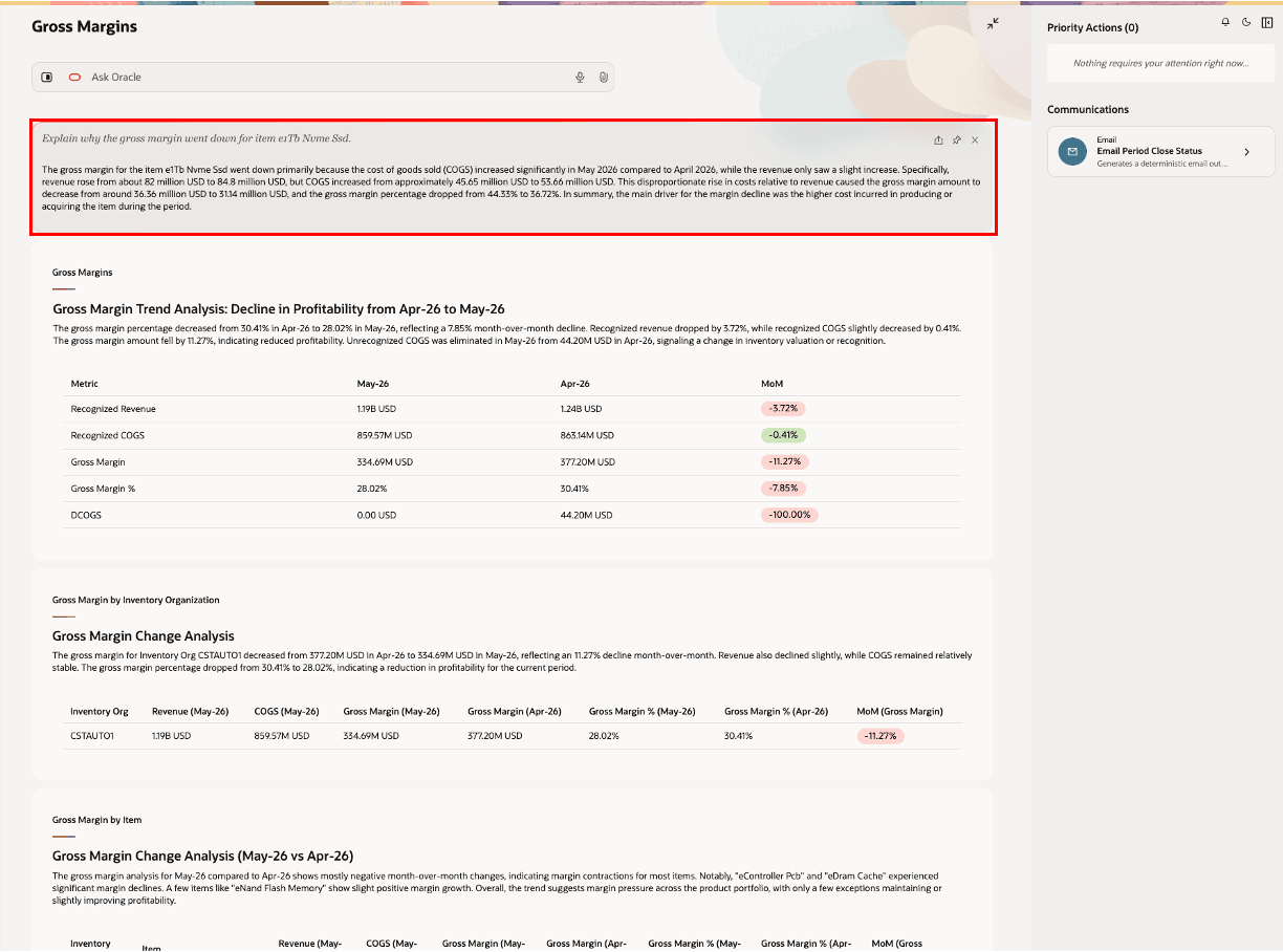Ask Oracle example: Summarize reasons for variations in Gross Margin for an Item