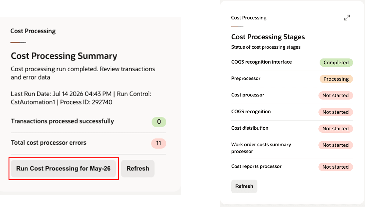 Cost Processing Summary Card